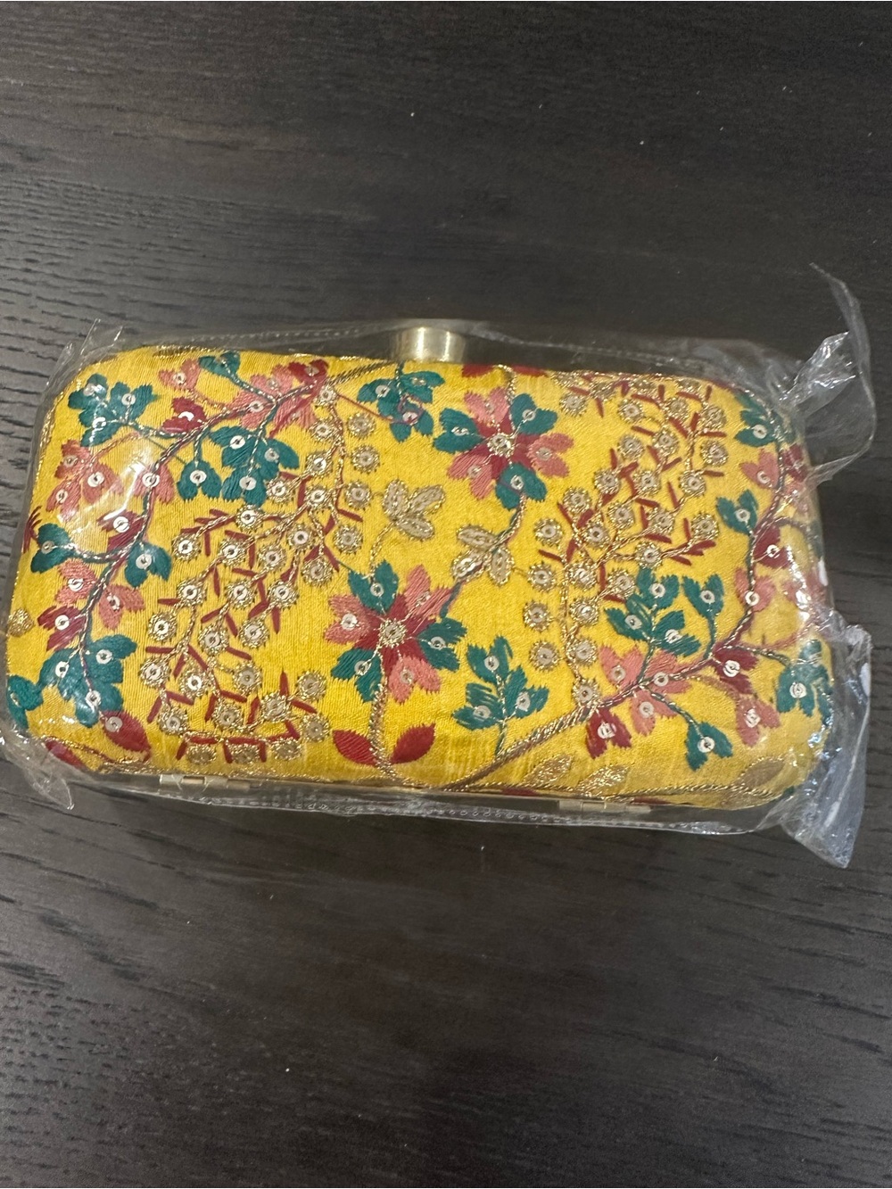 Yellow Embroidered Floral Clutch